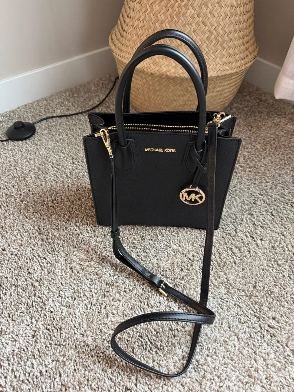 Michael Kors Black Pebbled Satchel with Gold MK Charm